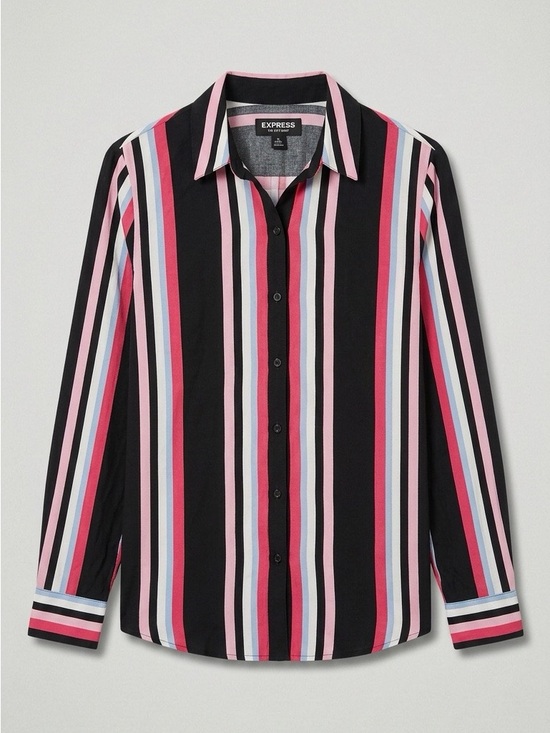 Express Other - Express Navy Button-Down Shirt with Pink and Light Blue Stripes